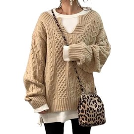 chouyatou Women's Winter Chunky V Neck Long Sleeve Loose Cable Knit Sweater Pullover (Medium, Camel)