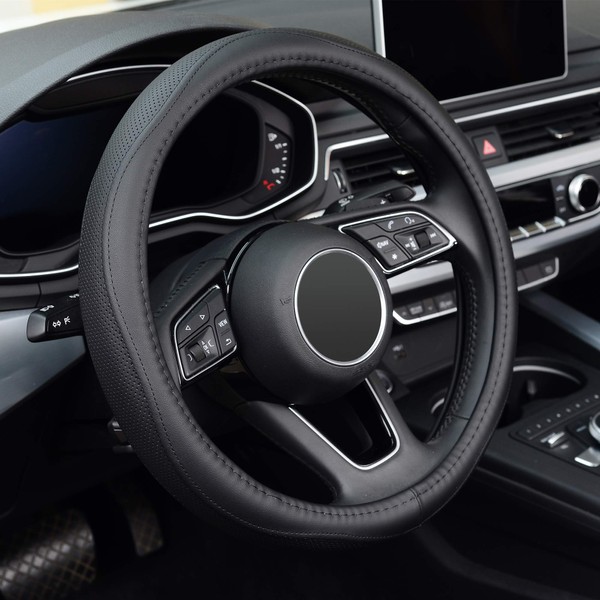 KAFEEK Steering Wheel Cover, Universal 15 inch, Microfiber Leather, Anti-Slip, Odorless, Black Lines