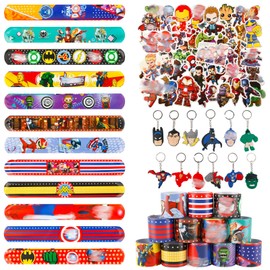 Ainvliya 74pcs Avenge Party bag Fillers, 50pcs Stickers, 12pcs Slap Bands, 12 Keychain, Party Bags Supplies for Kids Boys Girls