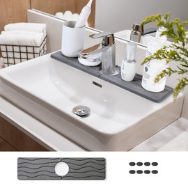 WIFORH Stone Faucet Mat for Kitchen Sink, 40cm Flow Design Long Diatomite Fast Drying Hard Sink Tray, Diatom Mud Absorbent Mat, Tap Splash Guard for Bathroom Kitchen, 40x10cm (Dark Grey)