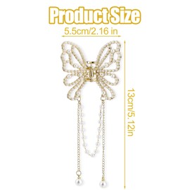 2pcs Butterfly Claw Clips with Charms, Gold Pearl Butterfly Hair Clips with Peal Dangle Chain Tassel Dainty Hollow Metal Clips Anti-Slip Styling Hair Accessories Gift for Women Girls
