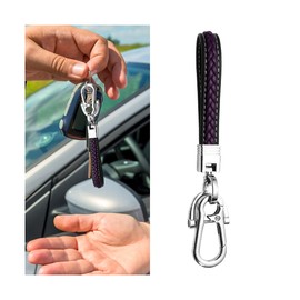 TSUGAMI Leather Car Keychain, Wristlet Key Chain with Anti-Lost D Ring ＆ Screwdriver, Weave Rope Auto Keyring, Universal Fit (Purple)