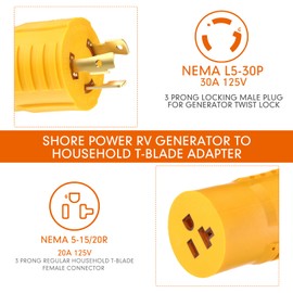 Kanayu Shore Power RV Generator Adapter Compatible with NEMA L5-30P to 5-15/5-20R Marine 30 Amp to 110V 15 Amp/120V 20 Amp Household Regular Inlet Connector, 30A 3 Prong Locking Generator Cord