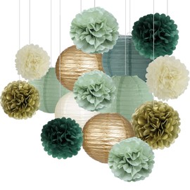 zilue Sage Green Party Decorations, Sage Green Paper Lanterns and Pom Poms Flowers for Birthday Party Baby Shower Wedding Shower Decor Gold/Ivory/Sage Green 15pcs