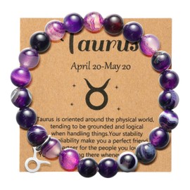 WATINC Constellation Zodiac Bracelet Taurus Birthday Gifts for Women, Purple Natural Stone Astrology Bracelet with Charm Wish Card Envelop, Crystal Blessing Jewelry for Lady Bday