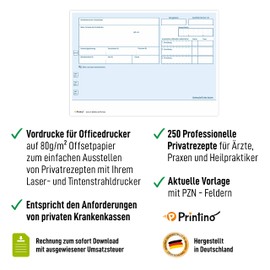 PRINTINO® Private recipes blue for doctors and alternative practitioners, 250 sheets, DIN A6, private recipe form, doctor accessories, blank recipe, unblocked, template for doctor's recommendation