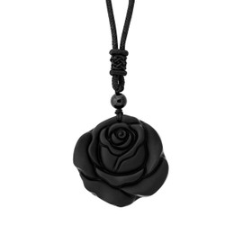 MINACHI Gothic Black Obsidian Rose Floral Pendant Necklace with Braided Cord, Gothic Jewelry Gift for Women