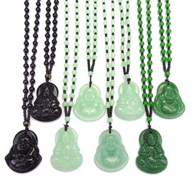 Laughing Buddha Pendant Necklace Green Black Imitation Jade Buddha Guanyin Crystal Beaded Rope Chain Gemstone Lucky Amulet Jewelry for Women Men-Green guanyin