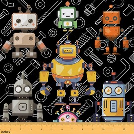 Robots tela negra de The Yard, equipo de máquina inteligente colorido de graffiti tela decorativa para tapicería y proyectos de bricolaje en el hogar, robot colorido para niños y niños, escuadrones de