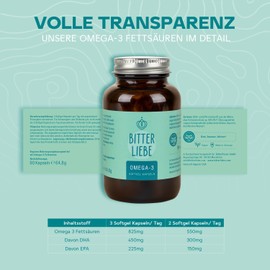 BitterLiebe - Omega 3 vegan capsules high dose made from vegetable algae oil - high-quality EPA and DHA - premium omega-3 fatty acids for vegans - easy to swallow