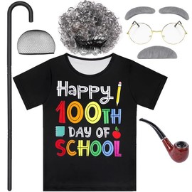 Kids 100 Days of School Costume For Boys Old Man Costume Grandpa Dress up Accessories Happy 100 Days T-Shirt - Color: Black, Size: 140