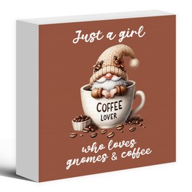 Luipk Rustic Coffee Gnomes Red Wood Box Sign Desk Decor, Coffee Lovers Who Loves Gnomes And Coffee Funny Gnome Wooden Block Sign Decorations for Coffee Bar Station Wall Tabletop Shelf Decors