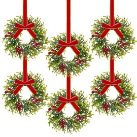 6 Pieces 10" Mini Christmas Wreath with Red Berry, Cabinet Wreaths for Kitchen, Small Christmas Wreath with Red and Black Plaid Bow, Farmhouse Wreath for Holiday Xmas Party Decorations