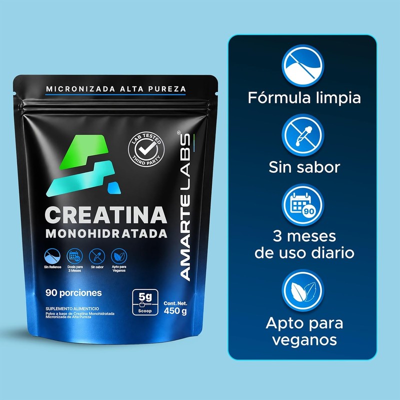 AMARTE LABS Creatina monohidratada en polvo alta pureza, 90 porciones,