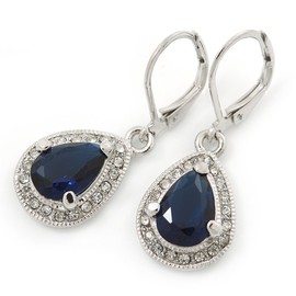 33mm L/Montana Blue/Clear Crystal/CZ Drop Earrings With Leverback Closure/Rhodium Plated