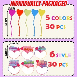 30 Pack Valentines Cards for Kids Classroom with Heart Shape Sticky Toys, 5 Colors Stretchy Slappy Toys Kids Valentines Day Gifts for School Exchange, Non Candy Boys Girls Party Favors Prizes