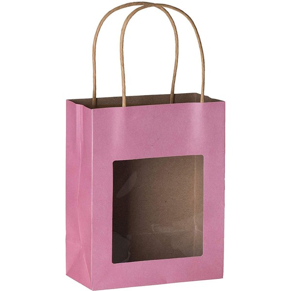 Hammont Pink Kraft Paper Bag with Window (10 Pack) - Food Storing Pouches with Handles, Gift Bags with Transparent Window 7.75"x 6.25"x 3"