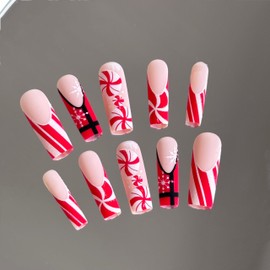 24 Pcs Christmas Press on Nails - Long Square Press on Nails Acrylic Nail Kit Fake Nails French Press on Nails Gel X Nail Kit Red Press on Nails Snowflake Pattern Designs for Young Girls Present