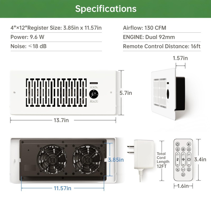 Smart Register Booster Fan for 4” x 12” Vents, Thermostat