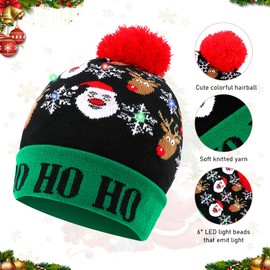 2 Pieces Christmas Hat, LED Lighting, AIMMIE Xmas Beanie Knitted Hat, 6 Colourful LED Christmas Hat, Unisex Christmas Cap, Christmas Tree Hat, LED Hat for Kids and Adults