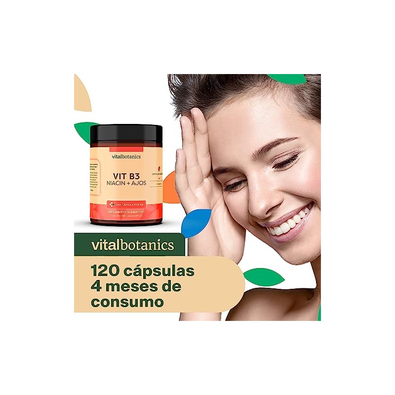 Vitamina B3 Niacina y Ajo. Con 120 capsulas de 500mg