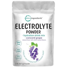 Micro Ingredients Polvo de electrolito de hidratación, 2 libras (139 porciones), sabor a uva Concord, alto en potasio (1,000 mg) + agua de coco, sin azúcar, apto para dieta cetogénica, sin OMG