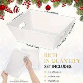 STARANDBEE 12Pack Baskets For Gifts Empty, 8x10”Thick Kraft Gift Basket with 12 Bows 12 Bags Empty Gift Baskets for Christmas,Valentine’s Day, Easter, Birthdays,Snacks, Farmers Market Holiday（White）