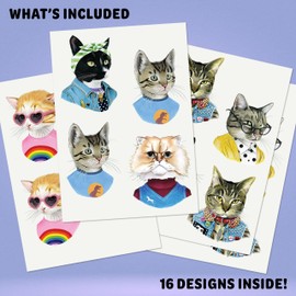 Tattly Cat Temporary Premium Tattoos - 16 Pieces, Skin-Safe Tested, Cruelty-Free Vegan Ink, Water Resistant,Adults, Teens or Kids, Realistic, Realistic, Artist-Designed