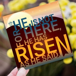 Religious Easter Cards - He is not here, He has Risen, pack of 5 cards with white envelopes, with Bible verse inside these Christian Easter cards, by Just Cards Direct