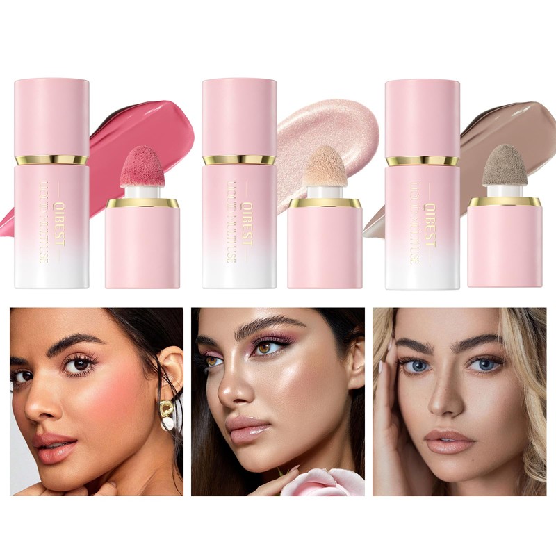 3-Pack Contour, Highlighter & Blush Set - Long-Lasting, Natural, Lightweight,