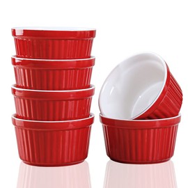 YAZYLIFE Ramekins 6oz Oven Safe,Creme Brulee Ramekins and Souffle Dishes,Porcelain Ramekin Baking Bowls,Dipping Sauce Dish.Pudding Cups,Set of 6,Red