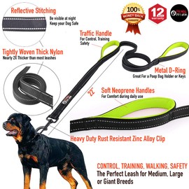 Primal Pet Gear Dog Leash 6ft Long - Traffic Padded Two Handle - Heavy Duty - Double Handles Lead for Control Safety Training - Leashes for Large Dogs or Medium Dogs (6FT, Black-Green)