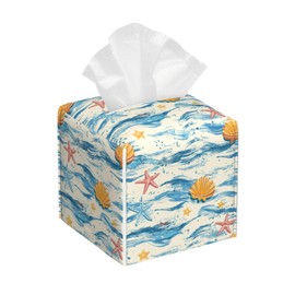 Tissue Box Cover Leather Tissue Box Holder Cube Tissue Case Cover Facial Paper Organizer Dispenser for Bathroom, Vanity Countertop, Office Desk (Watercolor Seashell and Starfish)