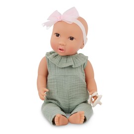 LullaBaby – 14-inch Realistic Baby Doll – Dark-Brown Eyes & Soft Body – Green Jumper, Headband & Pacifier Accessory – Pretend Play – Toys for Kids Ages 2 Years Old & Up – Baby Doll - Green Jumper