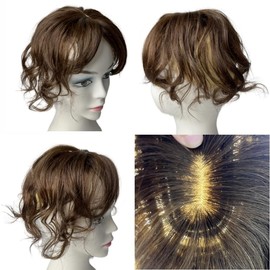 AYunhe Short Curly Wavy Human Hair Toppers for Women and Men Clip In Toupee With Side Bangs Hair Partial Wig Wiglets Hairpieces (Dark Brown)
