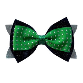 NEW "Rhinestone Green/Black/Silver" Gllitter Hair Bow Girls 4.5 Inch Alligator Clip Dance Recitals Sports Games Pageants Grosgrain Ribbon Christmas