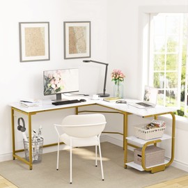 Gezen L Shaped Desk with Storage Shelves, Reversible Corner Computer Desk for Home Office, Modern Spacious Desktop L Gaming Desk Table, White Marble and Gold Frame