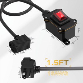 STARELO Extension cord with on/off switch, IP66 waterproof,Inline Power Switch with 1.5 FT 16AWG Cable Piggyback Plug(3-Pronged), Outdoor Power Switch AC/DC 20A-125V, 16A-250V, Red Light Rocker Button