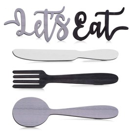 Yerliker 5 Pieces Let's Eat Sign, Wooden Fork Spoon Knife Sign Wall Decor, Rustic Cutout Eat Kitchen Decor for Home Dining Living Room Bar Cafe Restaurant (Black, White, Gray)
