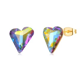 Fashion Austrian Crystal Heart Stud Earrings for Women 14K Gold Plated Hypoallergenic Jewelry Gift (Aurora Borealis)