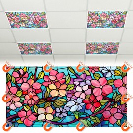 Glooglitter 4 Pcs Fluorescent Light Covers 4 x 2 Feet Stained Glass Magnetic Light Cover for Ceiling Classroom with 10 Magnets Retro Floral Filter Reduce Glare for Office School Home(Lovely Style)