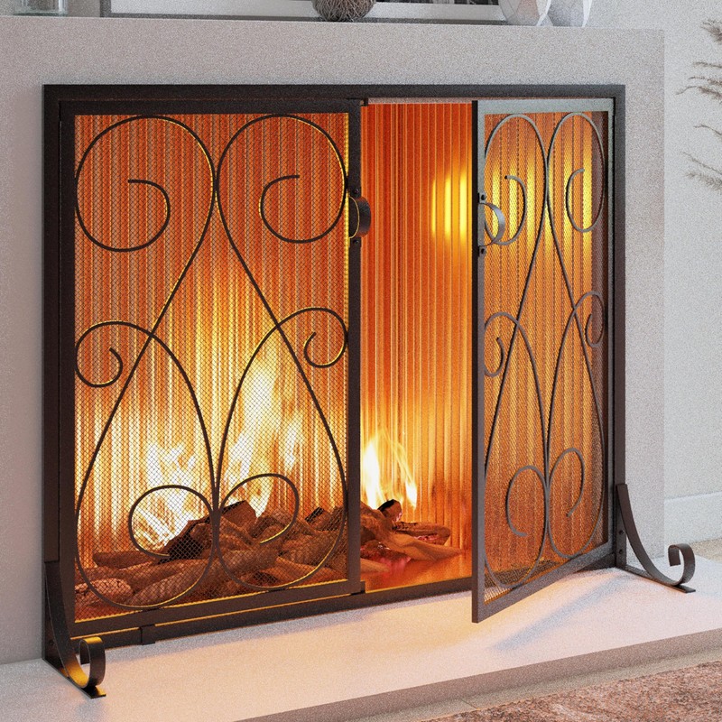 Kingson 2-Panel Fireplace Screen with Doors Handcrafted Wrought Iron Decorative