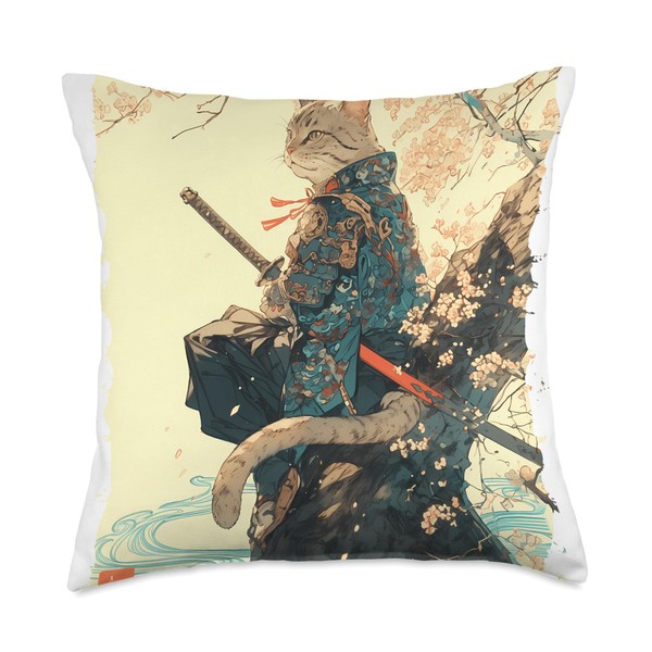 Samurai Cat - Japan Warrior Katana Power Throw Pillow