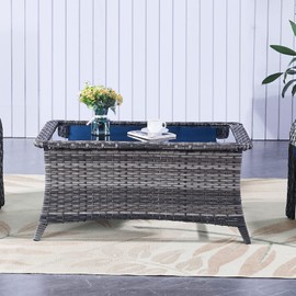 Patio Coffee Table Outdoor Rectangular Glass Table, Handwoven Rattan Patio Furniture Grey Wicker Coffee Table Compatible with Patio Chairs and Sofa Sets for Backyard Sunroom Outside Lawn
