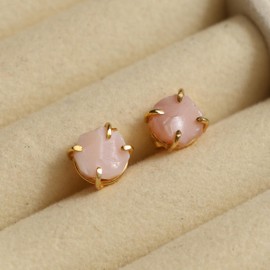 Gempires Natural Raw Pink Opal Prong Setting Stud Earrings,October Birthstone Jewelry, Healing Crystal, Studs For Women, 8-10 mm Crystals Earring, (Pink Opal)