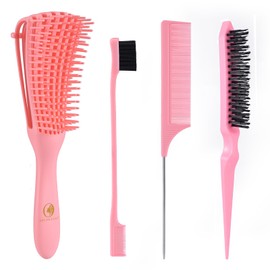 O BRUSHZOO Hair Brush Set with Detangling Brush, Rat Tail Comb, Teasing Trush, Edge Brush (Pink, Curly Hair, Unisex)