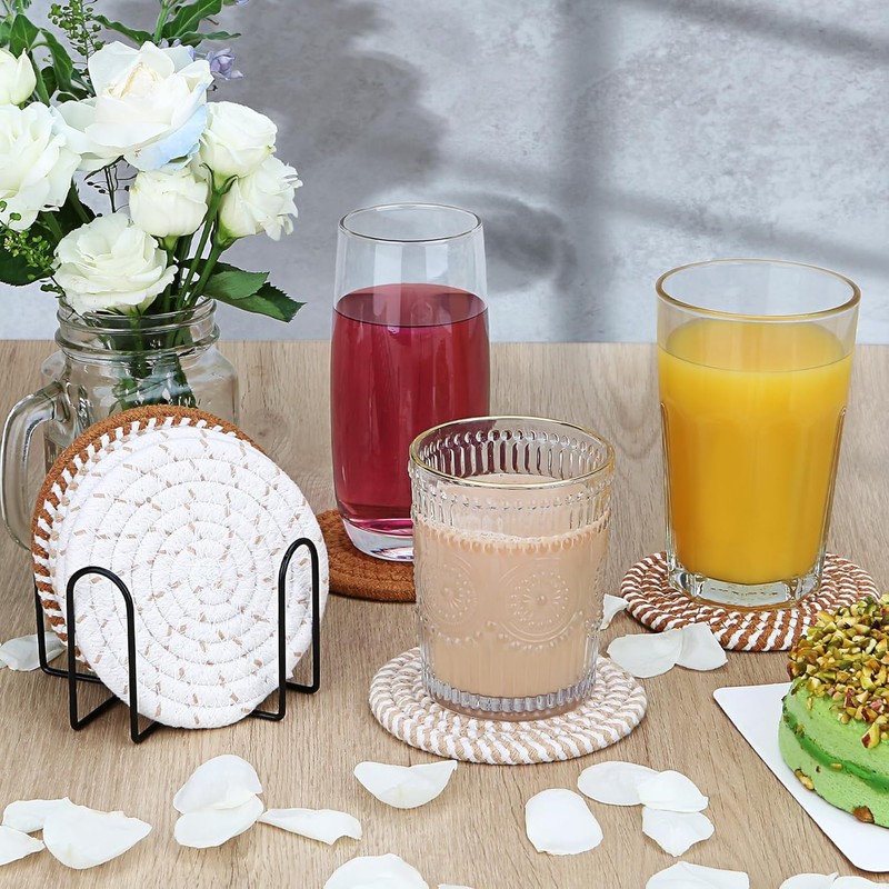 Pijiuoi Drink Coaster, 8 Pack, Multi-Color, Cotton, Linen, Round, Home