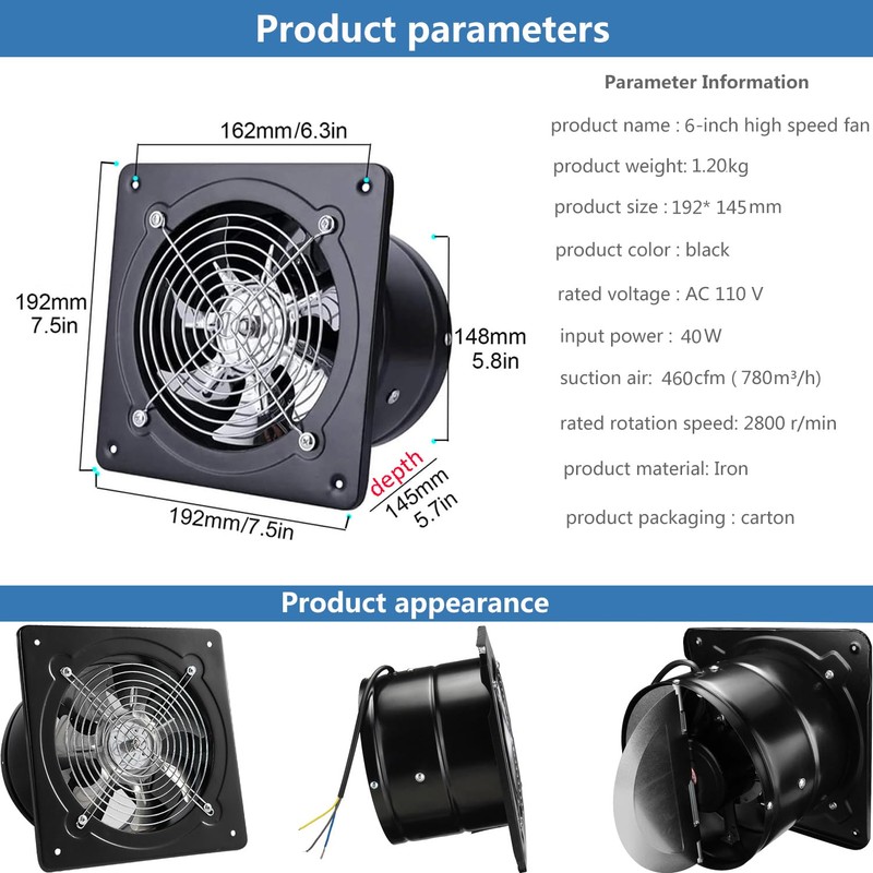 ACEDUROBLA 6 inch Exhaust Fan Metal Iron Ventilation Extractor, Silence
