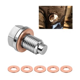 Dickno M12×1.5 Magnetic Oil Drain Plug, Aluminum Stainless Steel Sump Drain Nut Bolt with 5 Copper Crush Washer, Universal Leak-proof Replacement Car Accessories for Most Vehicles