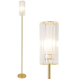 HMVPL Gold Floor Lamp for Living Room, Brass Pole Standing Lamp with K9 Crystal Shade, Modern Corner Standing Lamp for Bedroom with On/Off Switch, Elegant Crystal Tall Lamp for Office Kids Girls Room